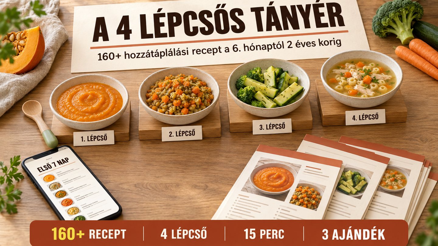 A 4 Lépcsős Tányér: négy tányér négy állaggal, az Első 7 nap menü a telefonon és a nyomtatott receptek
