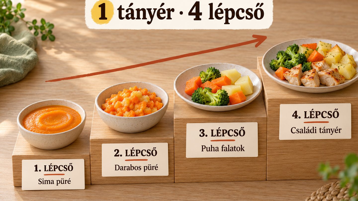 Négy tál négy lépcsőn: sima püré, darabos püré, puha falatok, családi tányér