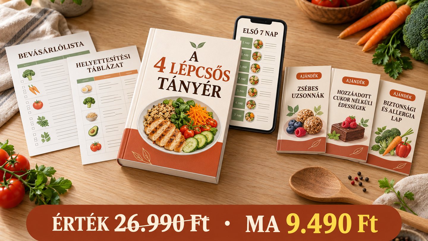 A teljes csomag: A 4 Lépcsős Tányér, bevásárlólista, helyettesítési táblázat, Első 7 nap menü és a 3 ajándék