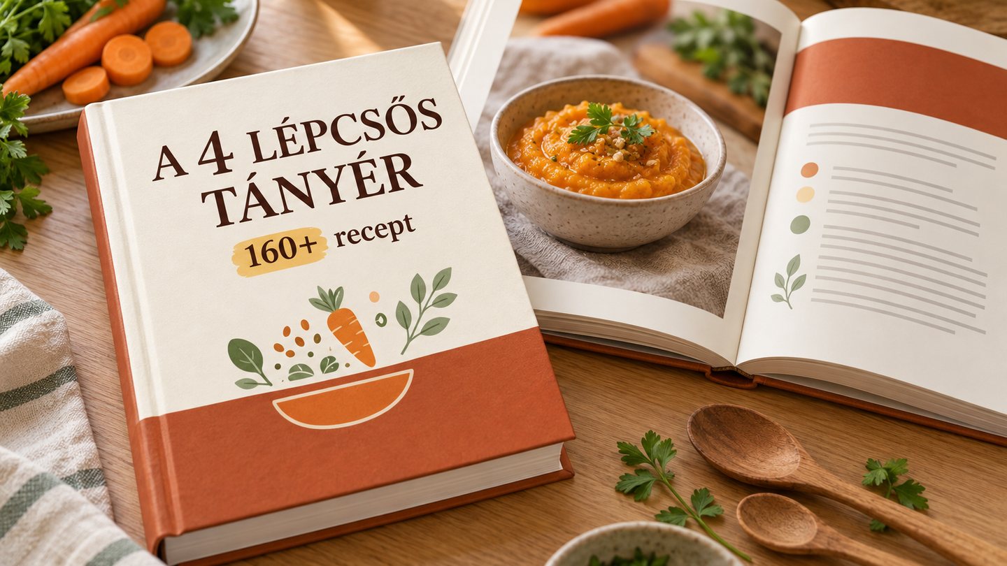 A 4 Lépcsős Tányér nyomtatott kötet és egy felnyitott receptoldal
