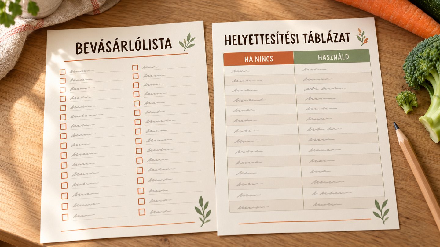 Bevásárlólista és helyettesítési táblázat nyomtatva